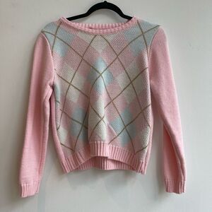 Women's Sweater Knitted Long Sleeve Plaid Pink Size Small